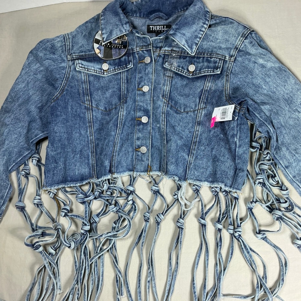 Thrill Jeans Womens Acid Wash Macrame Fringe Denim Jacket Blue Large - Picture 4 of 6